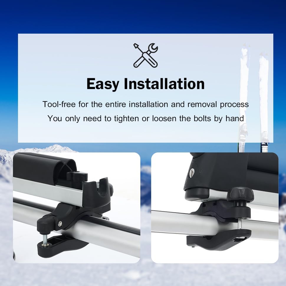 16.3 Inch Car Roof Ski & Snowboard Rack,Fishing Rod Rack, Fits 2 Pairs Skis or 2 Fishing Rods, with Anti-Theft Lock & TPV Rubber Padding, Fits Square/Round/Aero/Oval Cross Bars, Silver