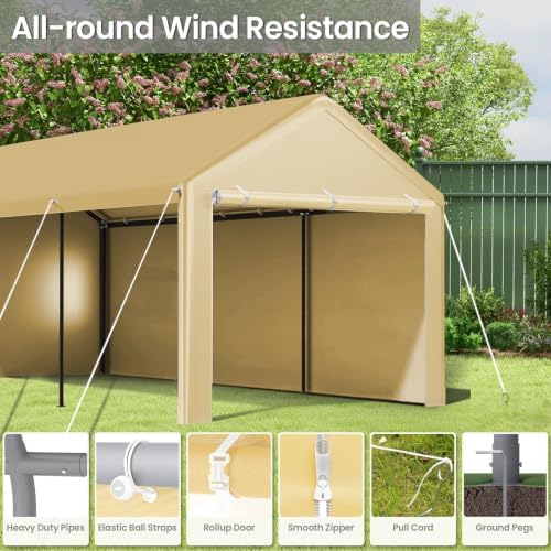 Morngardo Carport 10'x20' Heavy Duty Car Canopy Portable Garage with Removable Sidewalls & Doors for Truck Boat Car Port, Party, Storage (Khaki)
