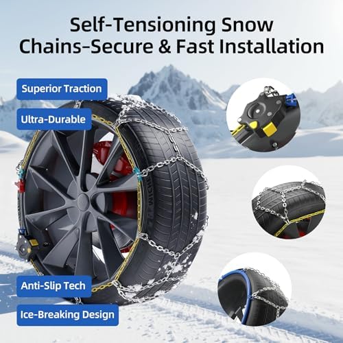 Snow Chains for Car Tires, 35s Quick Fit & Auto-Tightening, Universal Emergency Anti-Slip Tire Traction Chains for Cars, SUVs & Trucks, Reusable Portable Set of 2 (HKN-110)