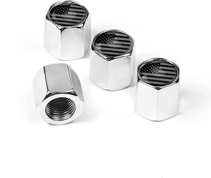 American Flag Tire Valve Stem Caps - 4Pack Anti-Rust Airtight Rubber Seal Universal Valve Stem Covers for Vehicles, Bicycles, Trucks, Motorcycles, Car Accessories (Silver/Gray)