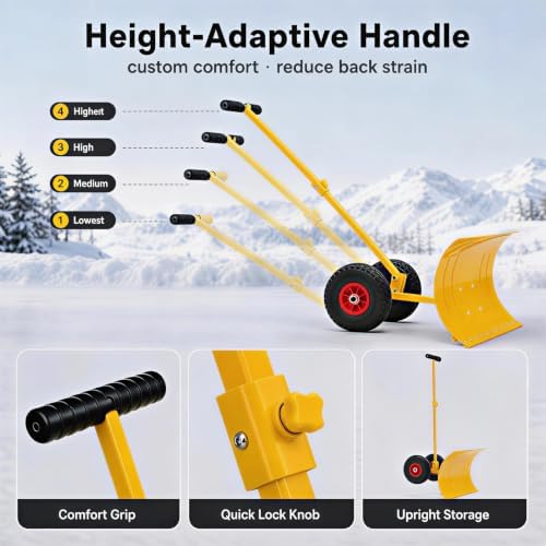 Garvee 29" W Adjustable Handle Wheeled Shovel for Driveway, Single Rod
