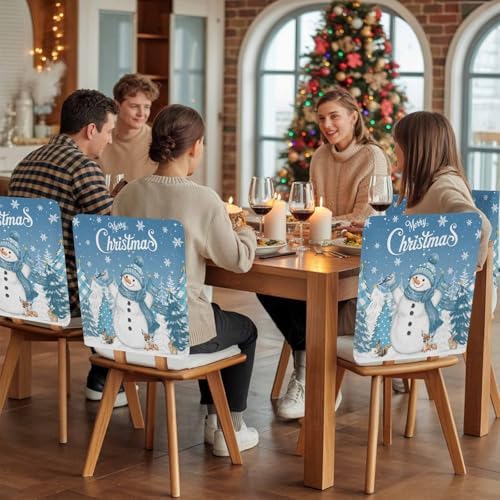 Christmas Snowman Chair Back Covers Set of 8 Xmas Tree Snowflake Blue Washable Removable Chair Cover Slipcover Protector for Dining Room Hotel Party Holiday Decor