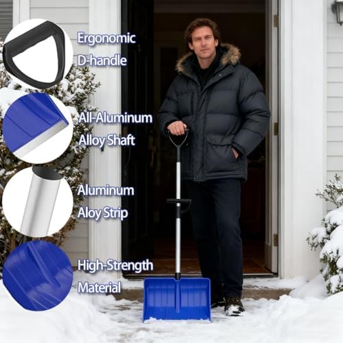 Heavy Duty Snow Shovel with D-Grip Handle Aluminum Strip Ergonomic Design for Driveway Car Garage and Home Garden Outdoor Use (Black)
