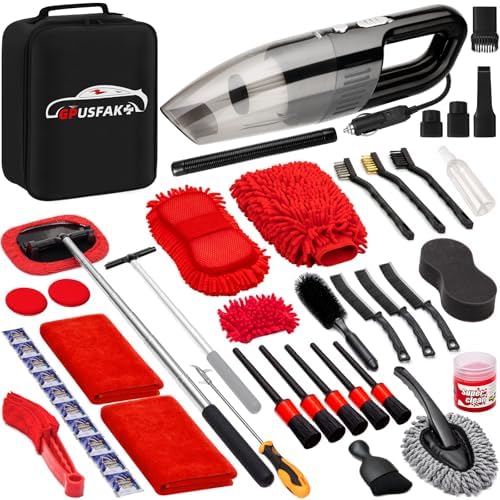 45Pcs Car Wash Cleaning Kit with High Power Handheld Vacuum Windshield Cleaning Tool with Side Mirror Squeegee Detailing Brushes Tire Brush Towels Complete Detailing Set for Car
