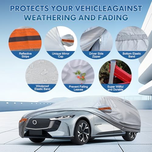 6-Layer Full Car Cover is All-Weather Waterproof, All Seasons, Snow Prevention Rainproof, Acid Rainproof, Sunscreen, Ultraviolet-Proof, Fits Hatchbacks up to 173 ", Orange Reflective Strip