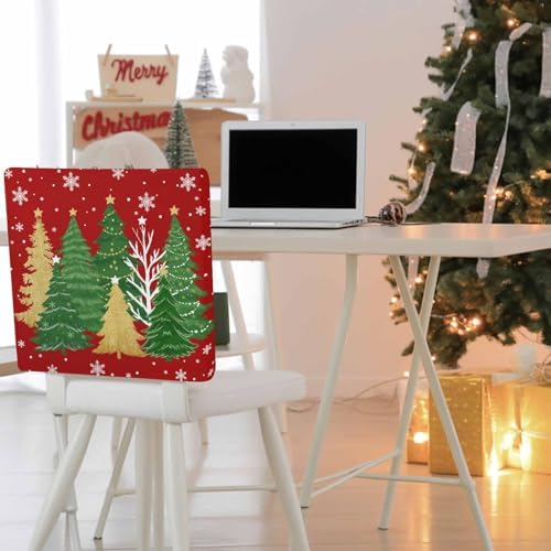 Christmas Tree Chair Back Covers Set of 8 Winter Snowflakes Stars Green Gold Tree Watercolor Red Bottom Washable Removable Chair Cover Slipcover Protector for Dining Room Hotel Party Holiday Decor