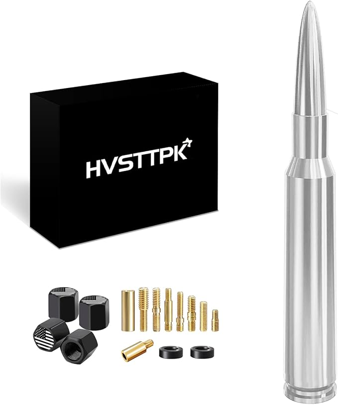 HVSTTPK Truck Car Bullet Antenna with Valve Stem Caps Mast for GM Chevy Silverado 1500 2500 3500 HD Ford F150 F250 F350 Denali Heavy Pickup Jeep Truck Accessories (Chrome)