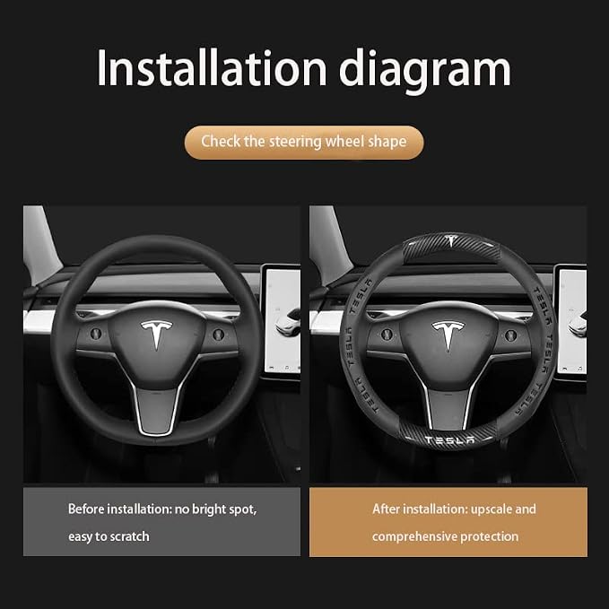 fir for Tesla Steering Wheel Cover,Carbon Fiber Texture Nappa Leather,Custom Embossed Logo,Round Shape, Car Steering Wheel Protector Compatible with Tesla Model 3 Model y Accessories