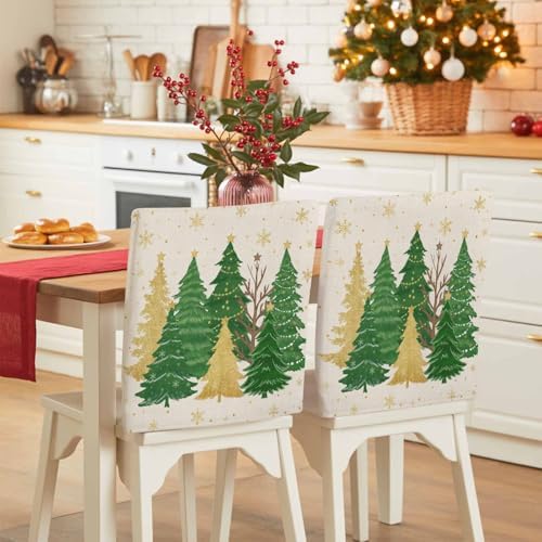 Christmas Tree Chair Back Covers Set of 8 Winter Snowflakes Green Gold Tree Star Linen Texture Washable Removable Chair Cover Slipcover Protector for Dining Room Hotel Party Holiday Decor