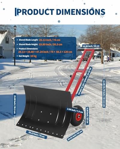 Snow Shovel with 29.13x19.8 in Wide Blade, Heavy Duty Rolling Snow Pusher
