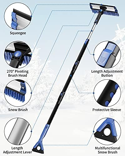JOYTUTUS 61.3″ Ice Scraper and Long Handle Snow Brush, 270° Pivoting Extendable Car Snow Scraper Brush for Car Windshield, Telescoping Ice Scraper, Snow Remover for Cars, Trucks, SUV (Blue)