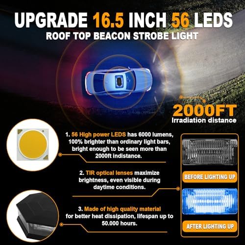 ASPL 16.5 Inch Roof Top Beacon Warning Strobe Light for Trucks Blue White