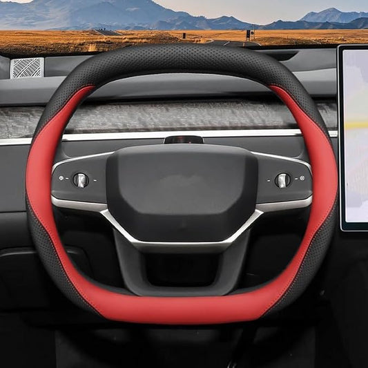 Nappa Leather Car Steering Wheel Cover for Ford Expedition 2007-2026, 15-inch Perforated Design, Heat Resistant Anti-Slip Car Wheel Wrap(Red)