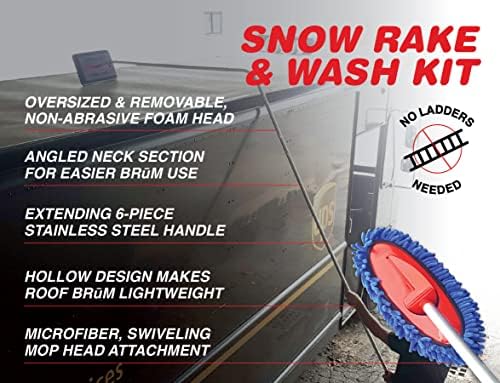 SNOBRUM Foam Snow Rake Plush Wash Kit, 22 Foot Reach – No Scratch Snow Removal and Cleaning Set, 6 Piece Handle with 60 Degree Roof Reach – Clear Snow from Your Tall Vehicle and Solar Panels