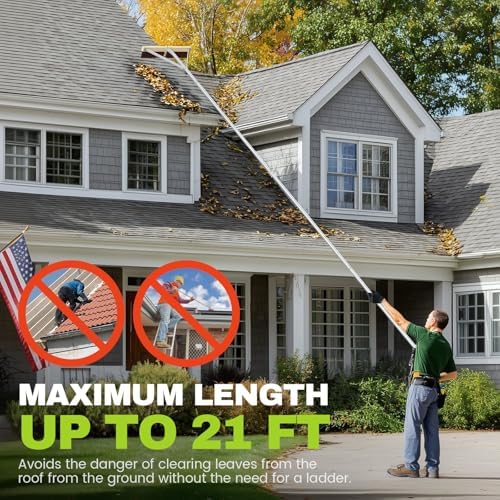 Huracan Leaf Roof Brush and Snow Roof Rake, Cleaning Tool with Gloves, 5-21ft Adjustable Roofs Removal Tool, Anti-Slip Handle Cleaning Brush Extension Aluminum Poles, for Solar Panels Cars Shingles