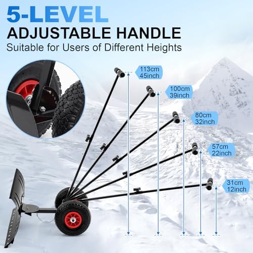 Cinnvoice 29" Snow Pusher Shovel with Wheels, Heavy Duty Adjustable Angle Metal Rolling Wheeled Snow Pusher Removal, Plow Shovel on Wheels for Driveway, Sideway, Walkway, Yard, Garage, Snowy Ways
