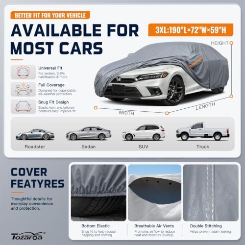 Car Cover Waterproof All-Weather,Outdoor Full Exterior Sedan Covers (Length 186-193 inch)Custom Fit for Toyota Camry,Tesla Model 3,VW Jetta,BMW 330i 340i,Benz C200 etc,Size A2(See Size Chart)