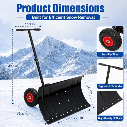 29" Metal Snow Shovel with Wheels, Ergonomic Handle for Snow Removable