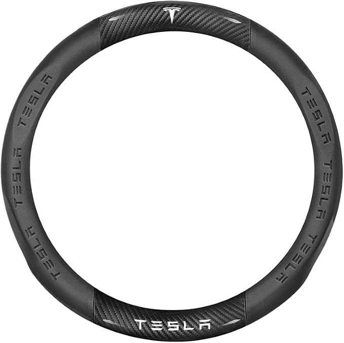 fir for Tesla Steering Wheel Cover,Carbon Fiber Texture Nappa Leather,Custom Embossed Logo,Round Shape, Car Steering Wheel Protector Compatible with Tesla Model 3 Model y Accessories