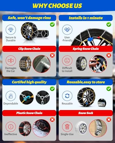Auto Tightening Snow Chains Tire Chains For Cars Suv Pickup Trucks - Auto Tightening 1 Min Quick Fit AND Easy Installation, Reusable Universal Emergency Traction Snow Chains - Set of 2（HKN100）