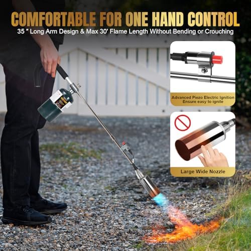 GasBRUH Propane Torch Weed Burner,High Output Weed Torch Flamethrower,35" Long Arm Weed Torch Include a Rake,Fire Starter,Charcoal Starter,Heavy Duty Blow Torch for Roof, Wood,Snow (Tank Not Included)