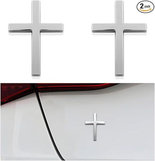 DXNQ 2PCS Metal Jesus Christ Cross Badge Stickers, 2.5"×1.8" Alloy 3D Individual Car Cross Sticker, Self Adhesive Scratch Covering Metal Cross Auto Emblem Decal for Car Body Fender Tail (Silver)