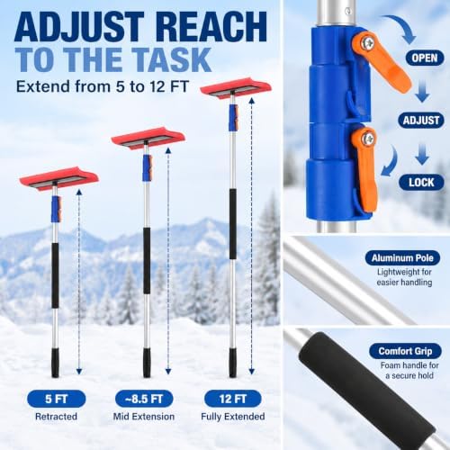 Roof Snow Rake, 5-12 Ft Aluminum Pole, Foam Pad for Roofs