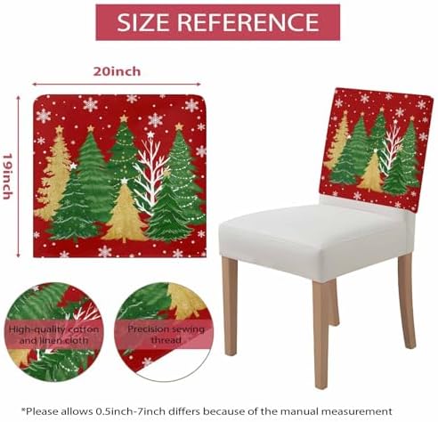 Christmas Tree Chair Back Covers Set of 8 Winter Snowflakes Stars Green Gold Tree Watercolor Red Bottom Washable Removable Chair Cover Slipcover Protector for Dining Room Hotel Party Holiday Decor