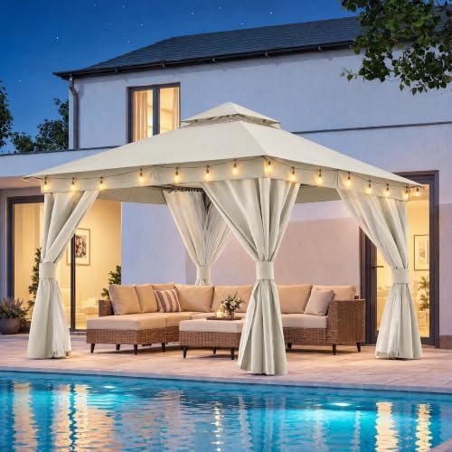 LAUSAINT HOME 10x10 Gazebo with Lights, Netting, Curtains & Double Roof