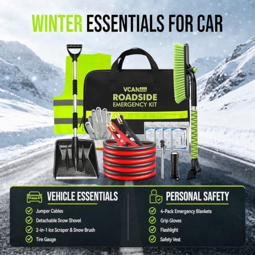 Winter Car Emergency Safety Kit Bag with Jumper Cables, Snow Shovel for Car