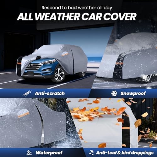 Multi-Layer Car Cover Custom Fit for Hyundai Tucson (ix35)(2015-2026), 100% Waterproof All Weather for Automobiles, Gift with Towel, Heavy Duty Car Covers for Rain Sun UV Protection with Door Zipper