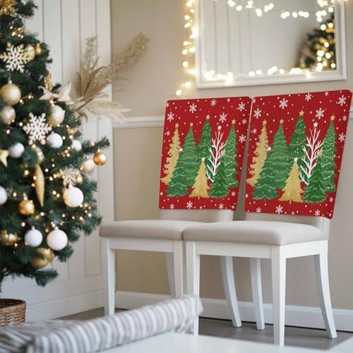 Christmas Tree Chair Back Covers Set of 8 Winter Snowflakes Stars Green Gold Tree Watercolor Red Bottom Washable Removable Chair Cover Slipcover Protector for Dining Room Hotel Party Holiday Decor