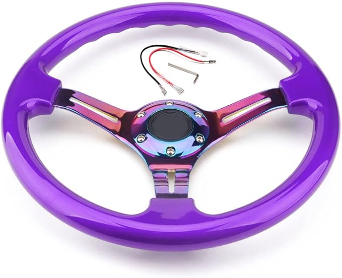 350mm 14" Racing Sport Steering Wheel Drifting Deep Dish 6 Bolts Purple Classic ABS Steering Wheel with Neo Chrome Spoke and Horn Button