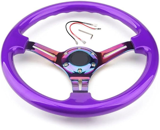 350mm 14" Racing Sport Steering Wheel Drifting Deep Dish 6 Bolts Purple Classic ABS Steering Wheel with Neo Chrome Spoke and Horn Button