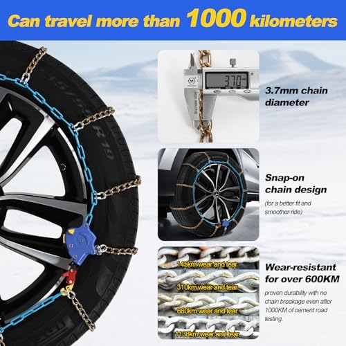 Auto Tightening Snow Chains for Cars, SUVs & Pickup Trucks – 1-Min Quick-Fit Auto Installation, Reusable Universal Emergency Traction Tire Chains – Set of 2（ALN150）