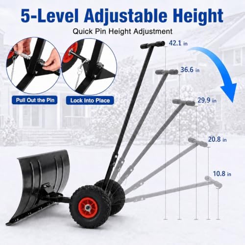 29" Metal Snow Shovel with Wheels, Ergonomic Handle for Snow Removable
