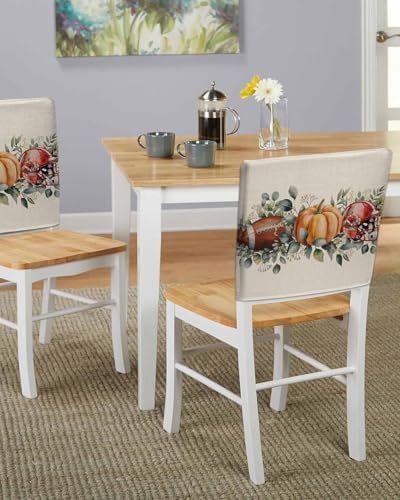 Thanksgiving Pumpkin Chair Back Covers Set of 8 Football Helmet Eucalyptus Leaf Linen Watercolor Washable Removable Chair Cover Slipcover Protector for Dining Room Hotel Party Holiday Decor