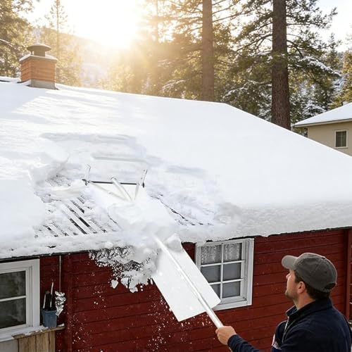 Telescoping Roof Snow Rake 20/29FT Adjustable Aluminum Snow Removal Shovel with Rolling Wheels and Slide Cloth for House Cottage Roof Snow Clearing(29 FT, Blue)