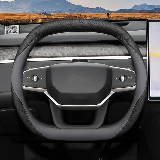 Nappa Leather Car Steering Wheel Cover for Ford Expedition 2007-2026, 15-inch Perforated Design, Heat Resistant Anti-Slip Car Wheel Wrap(Black-Gray)