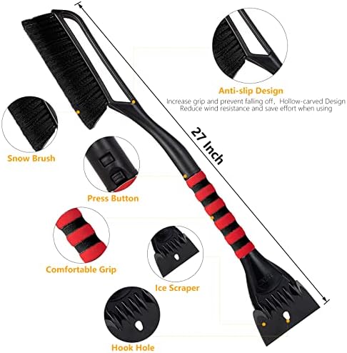 FOVAL [6 Pack 27" Snow Brush with Wider Ice Scraper (4.73" Width), Snow Removal Car Brush with Comfortable Foam Grip for Cars, Trucks, SUVs, Windshield (Heavy Duty ABS, PVC Brush)