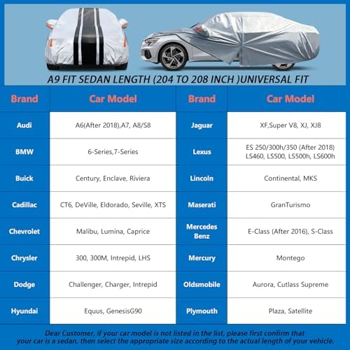 Car Cover Custom Fit for Toyota Avalon/Mirai, Chrysler 300,