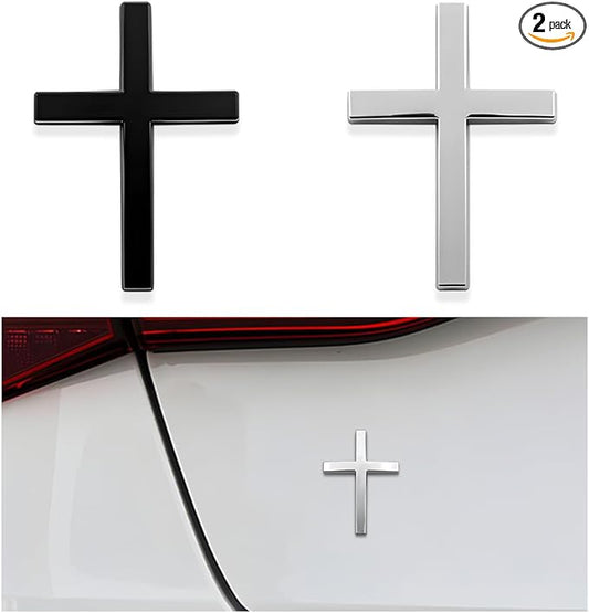 DXNQ 2PCS Metal Jesus Christ Cross Badge Stickers, 2.5"×1.8" Alloy 3D Individual Car Cross Sticker, Self Adhesive Scratch Covering Metal Cross Auto Emblem Decal for Car Body Fender Tail (Black+Silver)