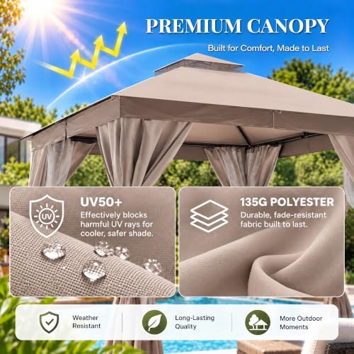 LAUSAINT HOME 10x10 Gazebo Canopy with Netting, Curtains & Double Roof