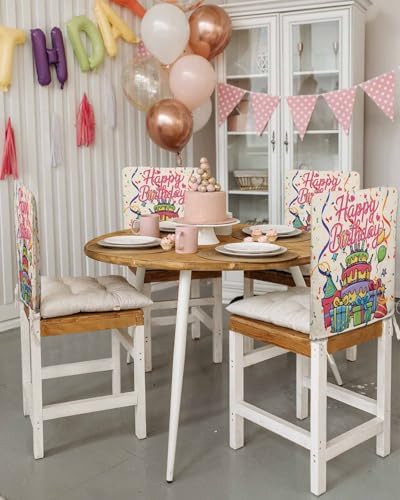 Happy Birthday Chair Back Covers Set of 6 Birthday Cake Gift Ribbon Balloon Modern Style Washable Removable Chair Cover Slipcover Protector for Dining Room Hotel Party Holiday Decor