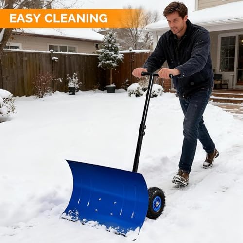 TUFFIOM Snow Pusher Shovel for Driveway with Wheels, 29"/39" Wide Heavy Duty Push Snow Plow Shovel, Wheeled Rolling Snow Shovels for Removal Adjustable Angle & Height Handle (Klein Blue(29 inch))