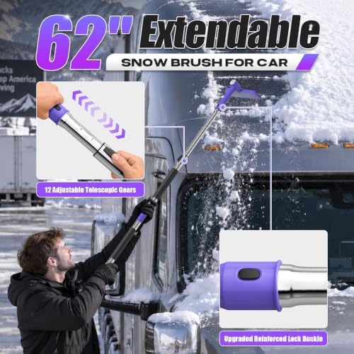 62" Long 3‑in‑1 Car Snow Brush, Ice Scraper With Squeegee for Truck SUV Car