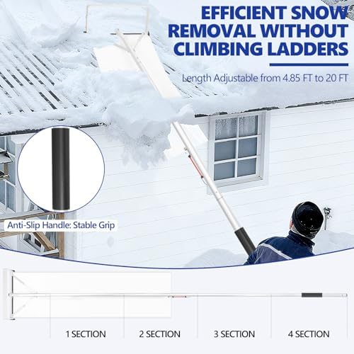 GMAK Large Snow Roof Rake with Wheels, 20FT Durable Aluminum Telescopic Roofs Shovel, Heavy Duty Snow Removal Tool with Wheels & Nylon Slide for Winter Housetop Roof Snow and Leaves