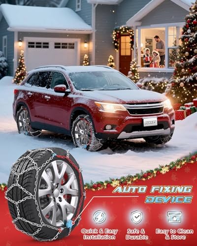 Snow-Chains Auto Fixing 1 Min Quick Fit Easy Installation Tire-Chains, Gifts for Safety, Portable Reusable Universal Emergency Tire Traction Chain for Passenger Car and SUV - Set of 2 (XM-120)