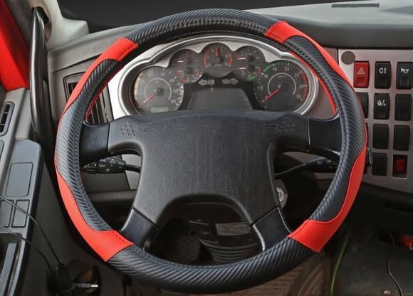 15 Inch Steering Wheel Cover - Carbon Fiber Pattern & Faux Leather, Anti-Slip Grip, Breathable Comfort for Long-Haul Drivers - Black Red