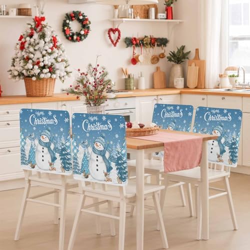 Christmas Snowman Chair Back Covers Set of 8 Xmas Tree Snowflake Blue Washable Removable Chair Cover Slipcover Protector for Dining Room Hotel Party Holiday Decor